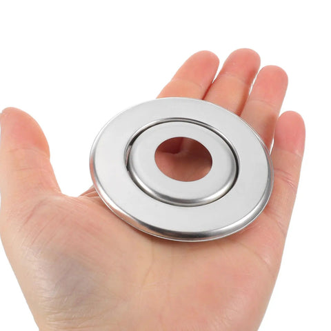 18 Pack Rock Solid Metal Fire Sprinkler Trim Rings Heavy Duty Escutcheon Plates Silver held in hand showcasing size and design.