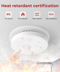 Rock Solid 6 Pack Hardwired Interconnected Smoke Alarms Featuring Photoelectric Sensing No Sweat Setup Simple 9V Battery Backup mounted on ceiling with fire safety details.
