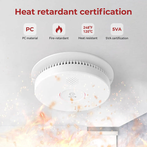 Hardwired Interconnected Smoke Detector 12 Pack With 9V Battery Backup And 120V AC Home Safety Alarm System mounted on ceiling with heat retardant features.