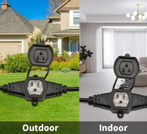 25 Foot 12 Gauge Heavy Duty Multi Outlet Outdoor Extension Cord Featuring Seven Weatherproof Outlets And Led Indicator shown in use outdoors and indoors.