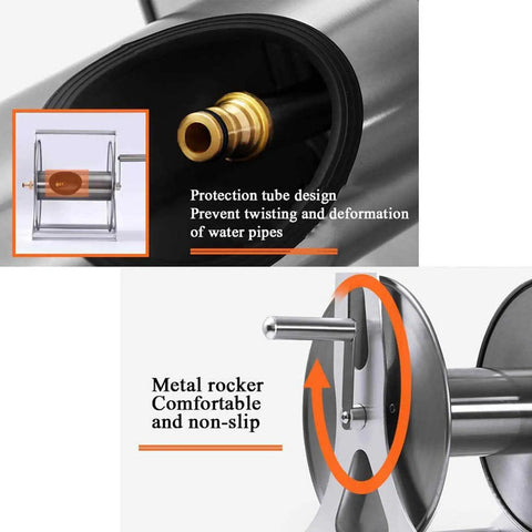 Heavy Duty Stainless Steel Garden Hose Reel Wall Mounted Retractable Anti Kink Water Pipe Holder showing protection tube and metal rocker design.