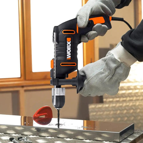 Heavy Duty 600 Watt Impact Drill Driver With 13 Mm Keyless Chuck And Variable Speed Control in use, drilling metal with gloves.