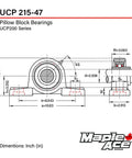 UCP 215-47 pillow block bearing drawing, cast iron housing, 2-15/16 inch bore, two-bolt mount