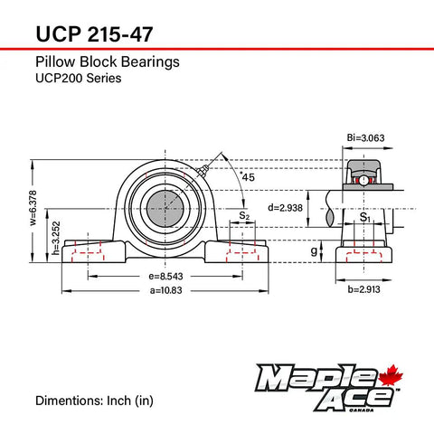 UCP 215-47 pillow block bearing drawing, cast iron housing, 2-15/16 inch bore, two-bolt mount
