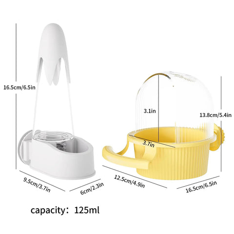 No Mess Bird Feeder And Water Dispenser Set For Bird Cage Gravity Automatic Seed Hopper with 125ml capacity in white and yellow.