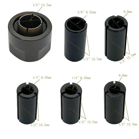 Collet Nut Cone Set For Router, Heavy Duty Half Inch Nut With Mixed Collets 6.0mm, 6.35mm One Quarter Inch, 8.0mm, 9.52mm, Six Pack