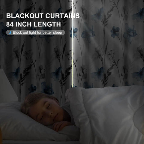 Cozy Floral Blackout Curtains With Grommets For Living Room And Bedroom, Light Blocking Window Panels, 84 Inch Long, Two Panel Set