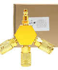 Three Way Air Hose Splitter With One Quarter Inch Fittings, Aluminum Copper Plated Manifold in front of storage box