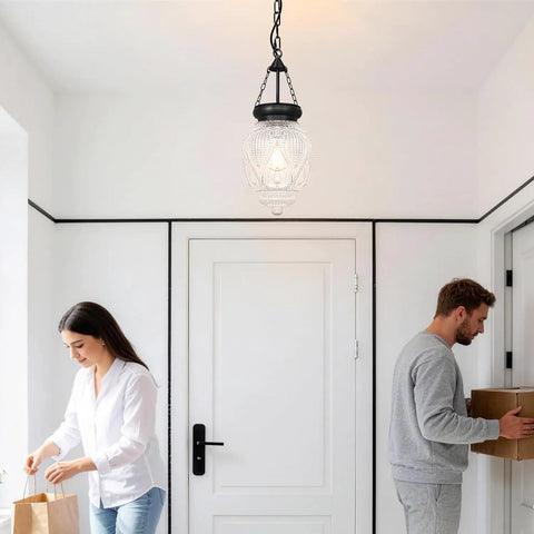 Black Kitchen Island Pendant Light With Adjustable Height From 22 To 56 Inches, Glass Shade 7.9 Wide By 10.6 Tall, in entryway scene