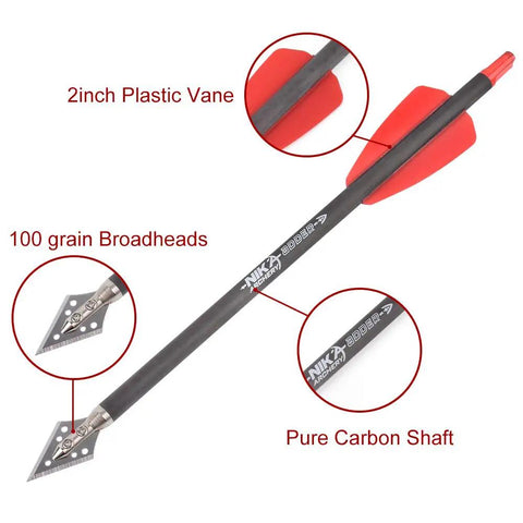 Carbon Crossbow Bolts 7.5 Inch, 100 Grain Target Tips, 2 Inch Red Vanes, with field point broadhead, Cobra System ready.