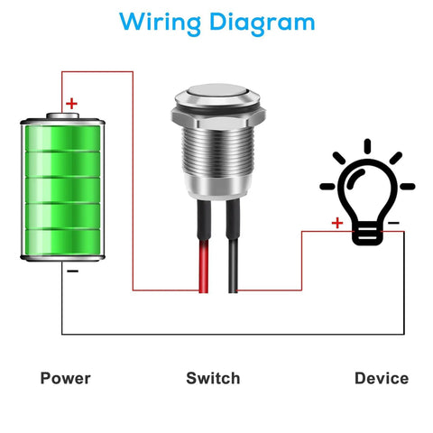 Wiring diagram for 12mm Momentary Push Button Switch Kit, 10 Pack, Waterproof, Prewired Mini Round Power Buttons for Cars and Boats