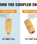 One Quarter Inch Air Compressor Quick Connect Fittings Kit 16 Piece Solid Brass Couplers And Plugs NPT U Style and M Style Couplers