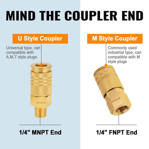 One Quarter Inch Air Compressor Quick Connect Fittings Kit 16 Piece Solid Brass Couplers And Plugs NPT U Style and M Style Couplers