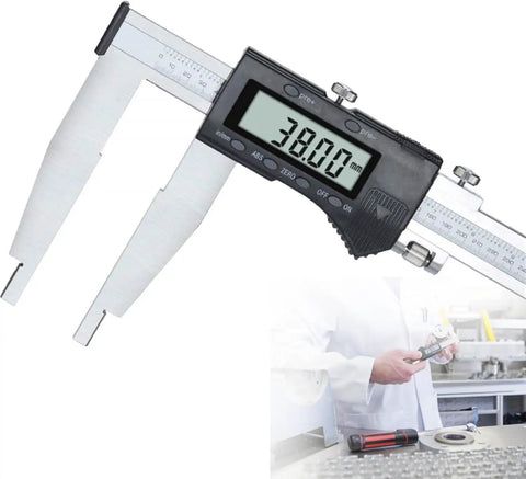 Digital Caliper 0-800mm/31.5 Inch Large Range Long Jaw Caliper Measuring Tool showing display reading 38.00 mm, stainless steel
