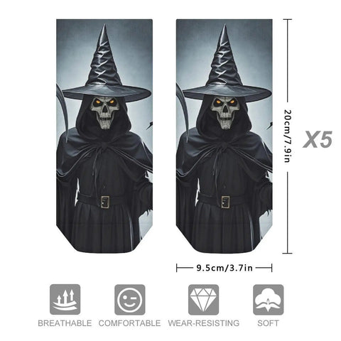 Death Scythe Themed Ankle And Crew Socks 5 Pack featuring skull in hood with hat, breathable knit, 20cm long, ideal for gym or lounging.