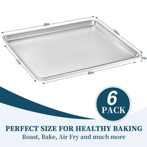 Heavy Duty Aluminum Baking Sheet Pan Set 26 By 18 Inches 6 Pack Commercial Quality Cookie Trays For Oven Freezer Bakery Use