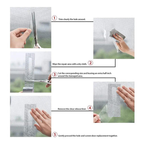 Step-by-step instructions for applying Extra Wide Window Screen Repair Tape 4 By 16.4 Feet Black Adhesive Waterproof Three Layer Fiberglass Patch on screens.