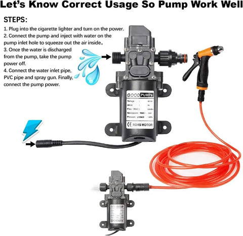 Go To Portable Smart Electric Pressure Washer Pump Kit 100W 160 PSI 12V DC Auto Start Stop With 21.3 Ft PVC Hose, installation guide