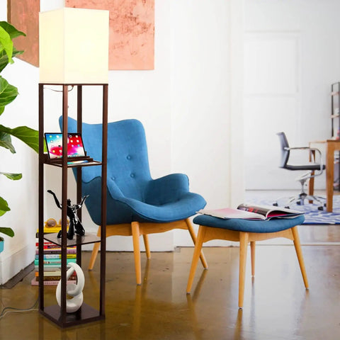Maxwell Charger Shelf Floor Lamp With USB Ports And Electrical Outlet next to blue chair, corner display lamp with shelves
