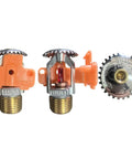 Heavy Duty Upright Fire Sprinkler Head For Automatic Systems With No Sweat Install And Sure Thing 155 Degree Fahrenheit Activation In Chrome Finish For Solid Peace Of Mind Protection Pack Of Six, close-up of three heads.