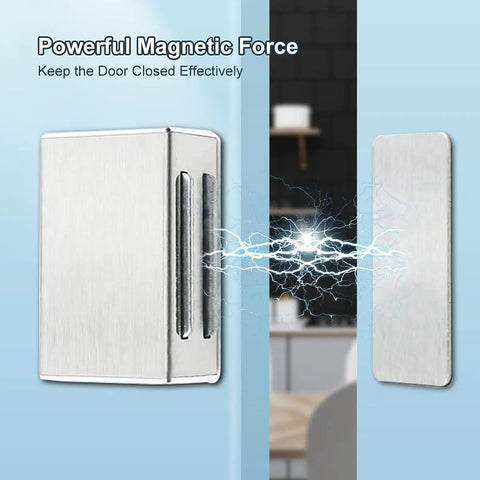 No Drill Adhesive Magnetic Door Catch Set 17lb Holding Force For Kitchen Cabinets Cupboards And Drawers Self Stick Stainless Steel Latch 4 Pack Silver Damage Free Mounting showing magnetic force