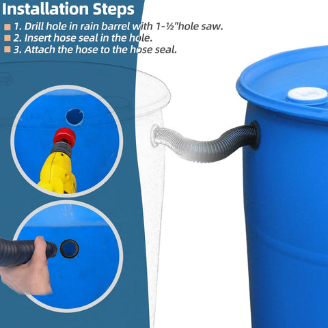 Rain Barrel Hose Connector Kit Link Two Rain Barrels To Double Your Rainwater Storage For Home Garden And Outdoor Chores Not For Metal Drums With Included Hole Saw And Gaskets Easy To Install showing installation steps
