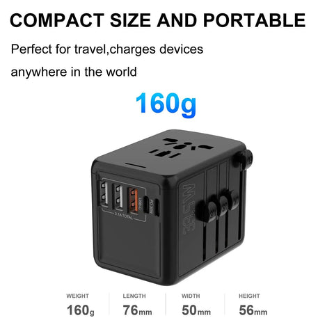 Fast 35W PD USB C Travel Adapter with 2 USB C and 3 USB A ports, compact design, 160g, for over 200 countries, shown in black.