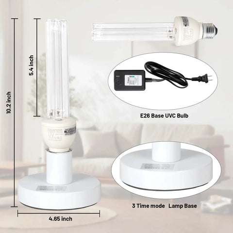 UVC Sanitizer Lamp With Ozone For Home Use 185nm Germ Busting Light With E26 Base 110V Three Gear Timer diagram and size details