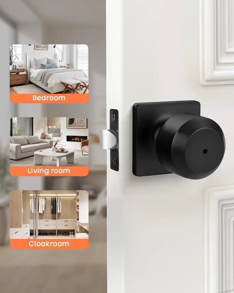 Six Pack Matte Black Interior Door Knobs With Privacy Function For Bedroom Or Bathroom, installed on a white door