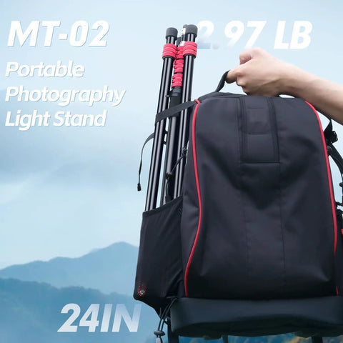 Person holding backpack with Pro Grade Aluminum Light Stand and Tripod for Photography adjustable 24 to 102 inches included