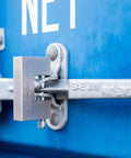 MDP 70 Heavy Duty Padlock With 0.59 Inch Shackle Clearance And 0.47 Inch Thick Bolt Nickel Plated Finish Anti Pick Anti Drill Cylinder Perfect Lock For Storage Units With Ten Keys securing a blue container door.