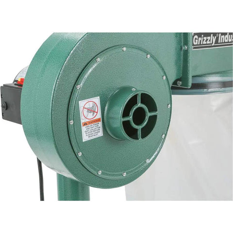 Rugged 1 HP Shop Dust Collector Built To Rip Through Nasty Sawdust And Wood Chips Fast On Job Sites While Delivering Killer Suction Way Beyond Standard Shop Vacs close-up of motor and intake port.