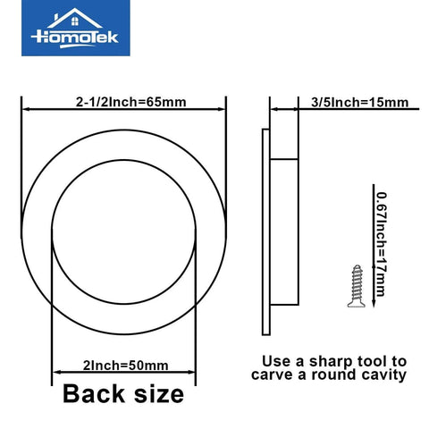 Diagram of Four Pack Round Sliding Closet Door Handles dimensions, including 2-1/2 inch diameter, 50 mm groove, side view
