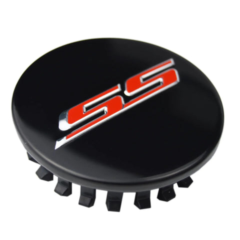 Fresh Set Of Four 68 Millimeter Stainless Steel Wheel Center Caps Featuring Raised Double Slash SS Badges For Chevy Camaro Rim Covers close-up view.