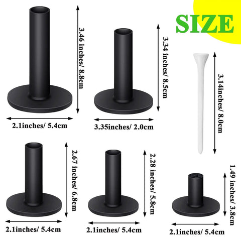 Rubber Golf Tees Set With Holders, Five Height Sizes 1.5, 2.3, 2.7, 3.1, 3.5 Inches, shown with measurements and sizes