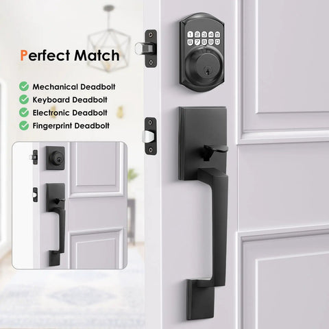 Matte Black Front Door Handle Set With Single Cylinder Exterior Entry Lever Reversible For Right Or Left Handed Doors Built Tough Zinc Alloy Build Durable Electroplated Finish Easy Install shown on modern white door