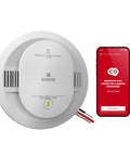 App Enabled Hardwired Smart Smoke And Carbon Monoxide Detector With AA Battery Backup, Voice Alerts And Interconnected Alarm next to smartphone displaying alert