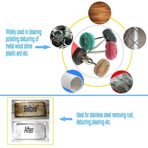 Abrasive buffing wheel set for rotary tool, front view, with 3 mm mandrel and brown 120 grit pads, 50 pieces.