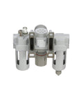 All In One Pneumatic Filter Regulator Lubricator Combo Three Eighth Inch NPT with poly bowl, manual drain, gauge, mounting bracket.