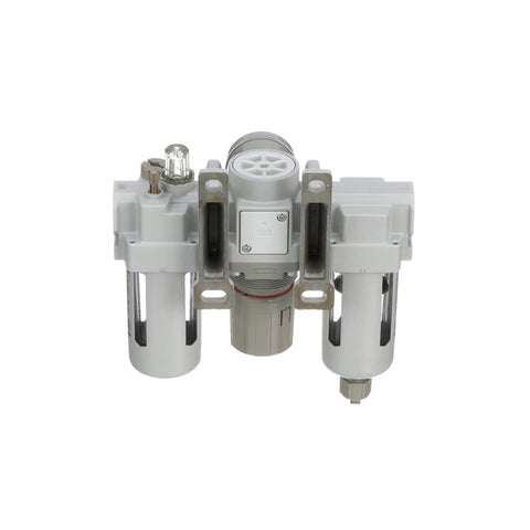 All In One Pneumatic Filter Regulator Lubricator Combo Three Eighth Inch NPT with poly bowl, manual drain, gauge, mounting bracket.
