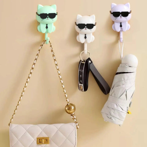 Cool Cat Key Holder With Sunglasses No Drill Adhesive Hooks Four Pack For Keys Hats Coats Towels Wall Decor, with handbag and umbrella