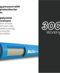 Close-up of blue air hose with polyester braided construction and 300 PSI rating, showcasing durability and strength details.