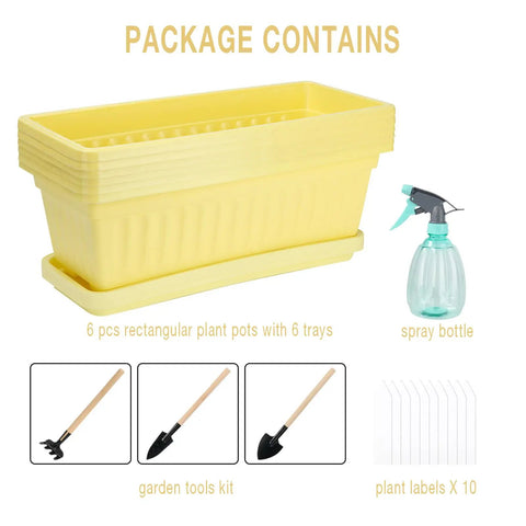 Six Pack Window Box Planters Set 17 Inch Long Rectangular Plastic Planter Boxes With Tray shown with spray bottle and tools