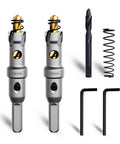 Heavy Duty Tungsten Carbide Tipped Hole Saw Set Five Eighths Inch Two Pack METOTY Brand with Nitrided Step Drill and L Flange.