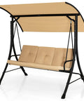 Three Person Porch Swing With Removable Cushions, Solid Steel Frame, Outdoor Patio Swing With Adjustable Canopy For Garden, Backyard, Balcony Or Poolside Beige