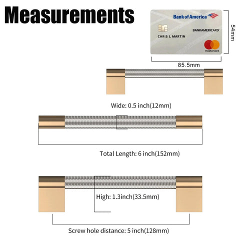 Measurements of 10 Pack Five Inch Knurled Cabinet Pulls in Brushed Satin Nickel and Champagne Bronze, including length and width.