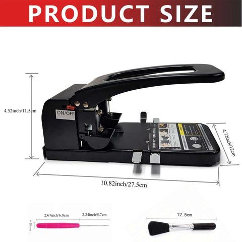 Tough As Nails Heavy Duty 2 Hole Punch For Office, School, And Home, 100 Sheets Capacity, 80mm spacing in black, side view with dimensions