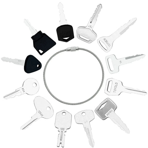 12 Heavy Equipment Forklift Keys Master Set On One Ring, various ignition and access keys encircle a metal key ring