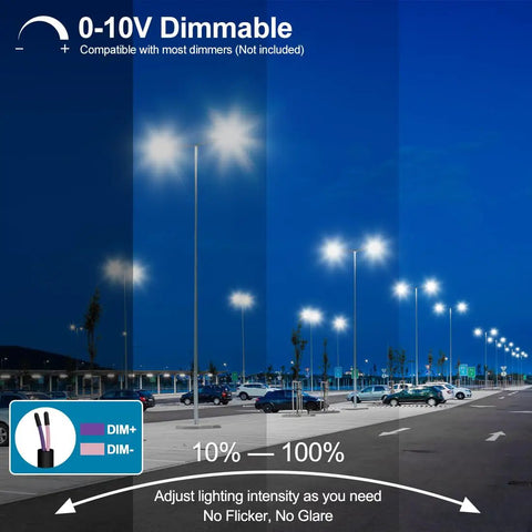 Beefy 300W LED Parking Lot Light With Photocell Outdoor Dimmable demonstrating brightness levels in a parking lot