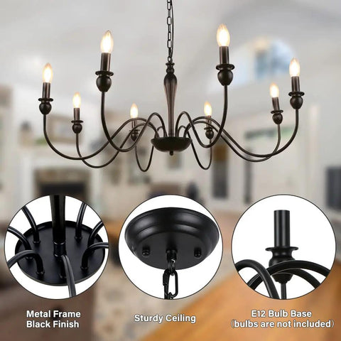 Dope Industrial Black Farmhouse Chandelier For Dining Room With 8 Lights, Rustic Iron Candelabra Ceiling Fixture